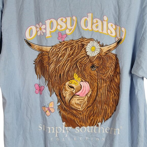 Simply Southern T Shirt Blue Large Short Sleeve Oopsy Daisy Highland Cow Flower - Picture 6 of 7
